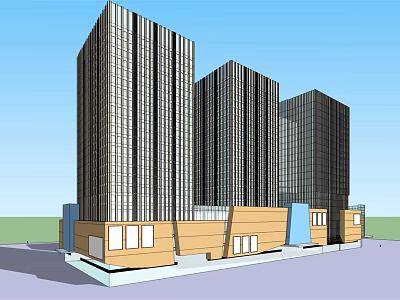 Modern Office Towers With Glass Curtain Walls And Brown Base Structure 3d model