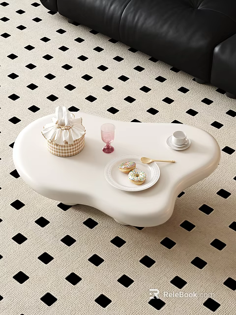 Modern White Irregular Coffee Table With Plaid Basket Pink Glass Donuts And Golden Spoon 3d model 