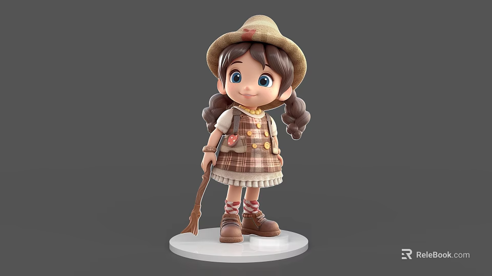 Cute Game And Movie Character 3D Model With Straw Hat Braids And Plaid Dress 3d model 
