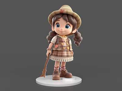 Cute Game And Movie Character 3D Model With Straw Hat Braids And Plaid Dress 3d model