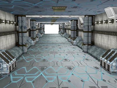 Sci Fi Interior Corridor With Blue Geometric Floor Pattern Metal Structures And Hi Tech Ceiling Design 3d model