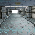 Sci Fi Interior Corridor With Blue Geometric Floor Pattern Metal Structures And Hi Tech Ceiling Design