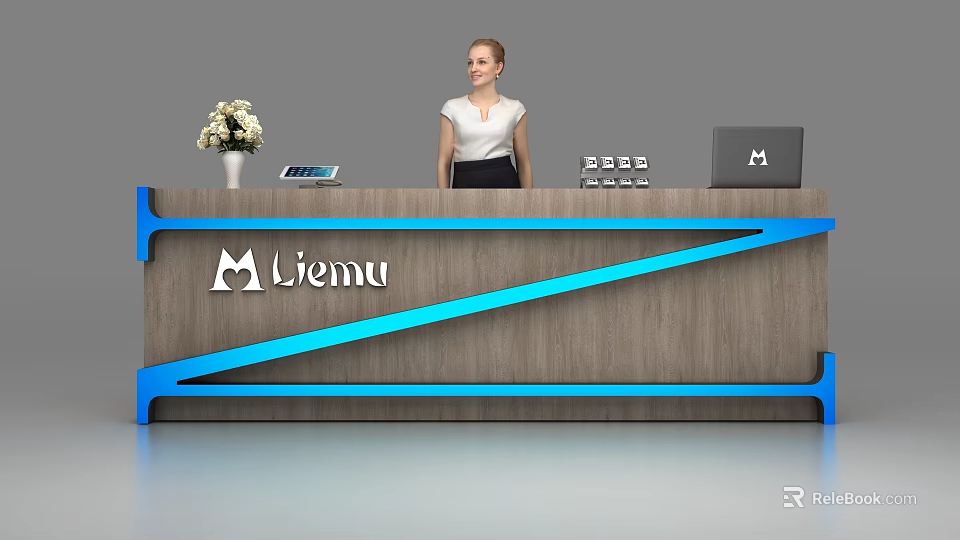 Modern Wooden Reception Desk With Blue Accent Logo Flower Vase Tablet And Laptop 3d model 