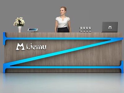 Modern Wooden Reception Desk With Blue Accent Logo Flower Vase Tablet And Laptop 3d model