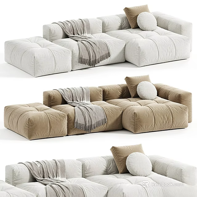 Modern Cozy Sectional Sofa with Plush Pillows Soft Blanket and Neutral Tones 3d model 
