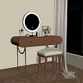 Elegant Wooden Dressing Table with Round Mirror Stool and Blanket by Window 3d model