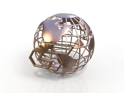 Metallic Globe Sculpture With Wireframe Design And Hexagonal Geometric Component 3d model