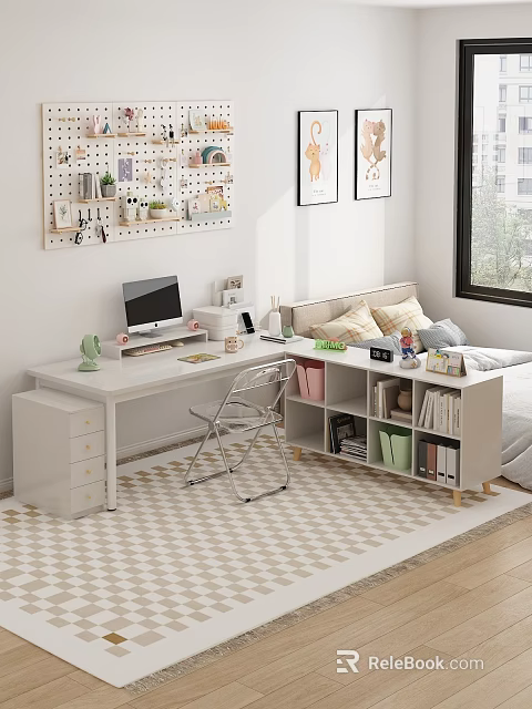 White Desk Interior With Computer Monitor Metal Chair Pegboard Photos Green Plants Checkered Rug 3d model 