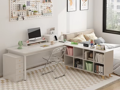 White Desk Interior With Computer Monitor Metal Chair Pegboard Photos Green Plants Checkered Rug 3d model