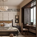 Elegant Modern Bedroom Interior With Paneled Walls Upholstered Bed Chandelier And Area Rug