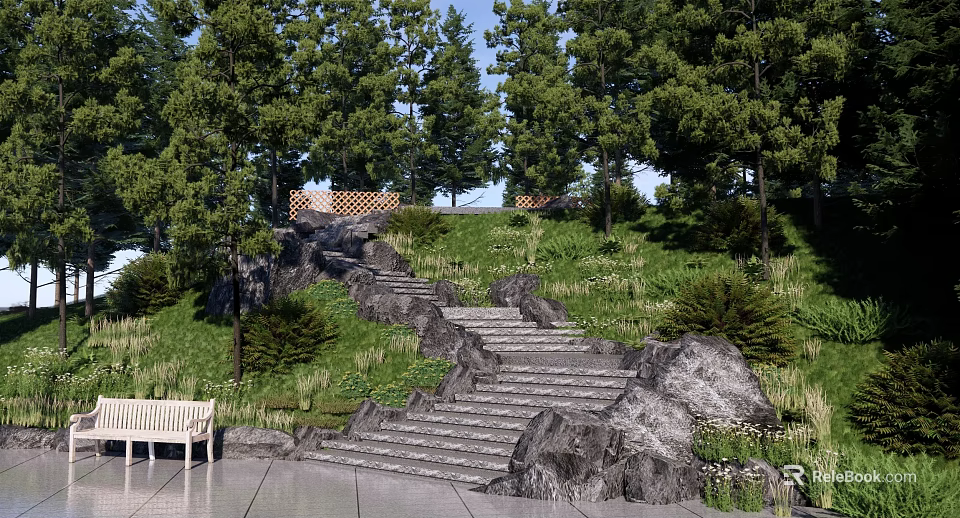 Natural Stone Stairs In Lush Garden With Green Trees Grass And Wooden Bench 3d model 