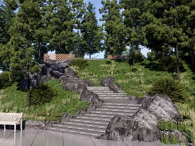 Natural Stone Stairs In Lush Garden With Green Trees Grass And Wooden Bench 3d model