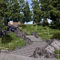Natural Stone Stairs In Lush Garden With Green Trees Grass And Wooden Bench