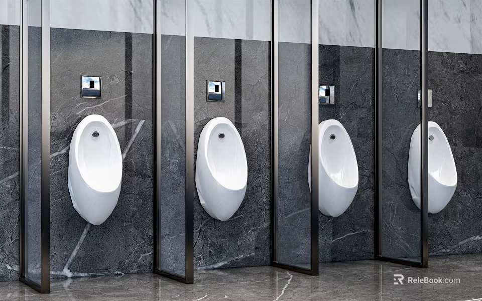 Modern Bathroom Interior Design Featuring Sleek White Urinals And Marble Walls 3d model 
