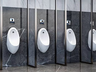 Modern Bathroom Interior Design Featuring Sleek White Urinals And Marble Walls 3d model