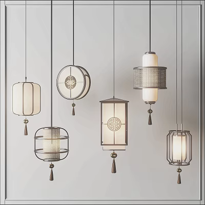 Elegant Chinese Style Pendant Lights with Traditional Openwork Patterns Light Shades and Metal Frames 3d model