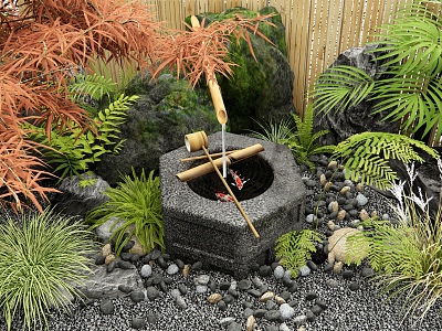 Japanese style waterscape water bowl flowing water ornaments stone mortar waterscape courtyard landscaping courtyard waterscape stone plant combination red maple landscape tree 3d model