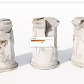 Ancient Broken Columns With Carved Reliefs Of Figures And Animals