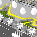 Urban Roadside Facilities With Pedestrian Walkway Palm Trees And Seating Areas