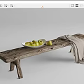 Wooden Public Bench with Yellow Fruits in Bowl and Light Cloth on Top