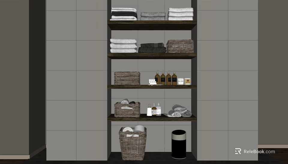 Bathroom Accessories with Folded Towels Baskets Bottles and Trash Bin on Shelves in Gray Bathroom 3d model 