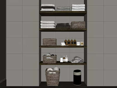 Bathroom Accessories with Folded Towels Baskets Bottles and Trash Bin on Shelves in Gray Bathroom 3d model
