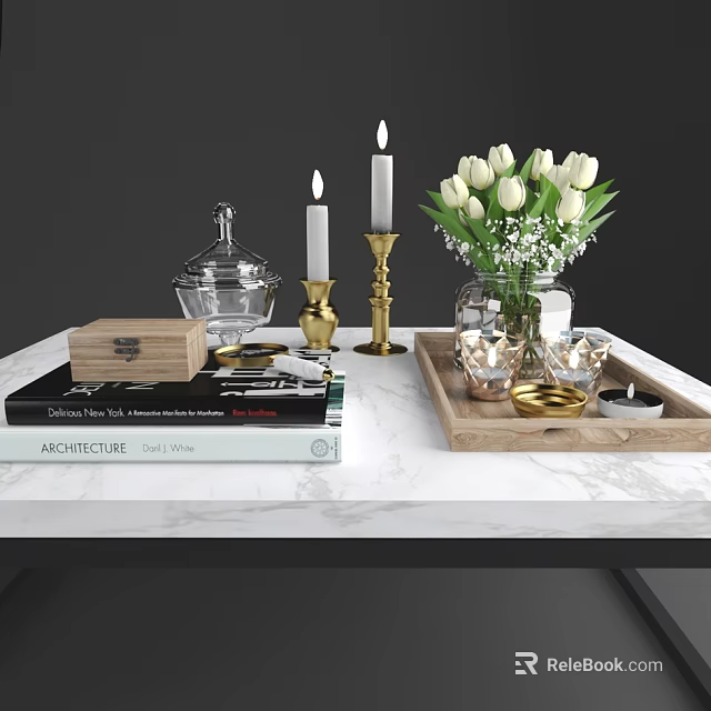 Decorative Ornament Set with White Tulips Gold Candlesticks Glass Jar Wooden Box and Marble Tray 3d model 