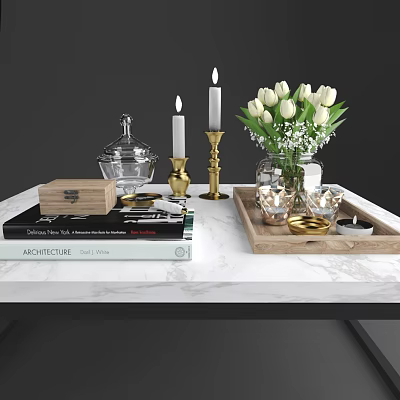 Decorative Ornament Set with White Tulips Gold Candlesticks Glass Jar Wooden Box and Marble Tray 3d model
