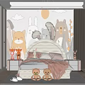 Kids Room Interior With Cartoon Animal Wall Mural White Bed Plush Toys And Window
