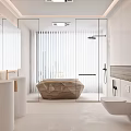 Modern Bathroom Interior With Double Pedestal Sinks Large Mirror Marble Bathtub Glass Shower And White Cabinets