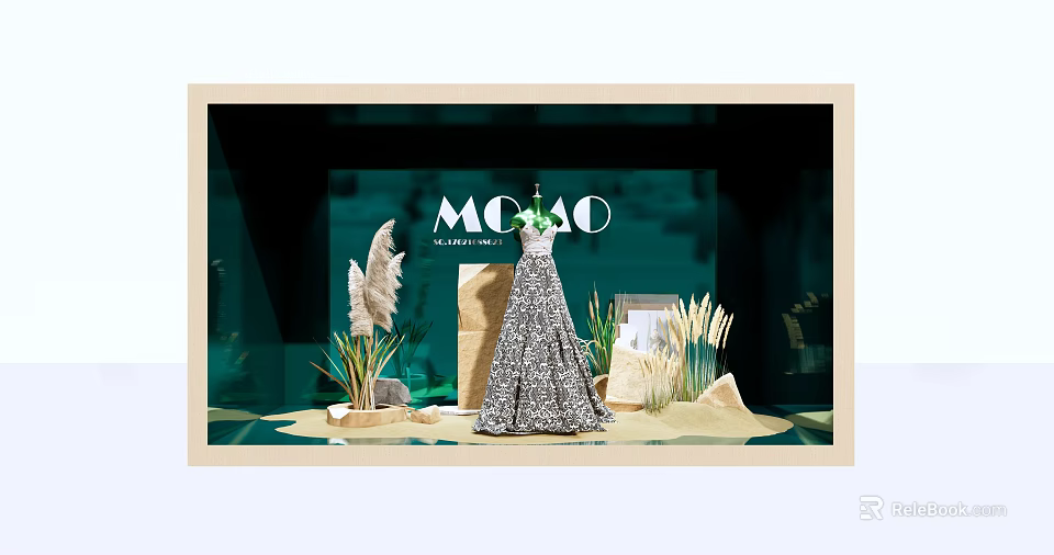 MOCO Window Display Featuring Elegant Dress With Decorative Plants And Green Backdrop 3d model 