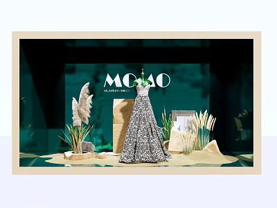 MOCO Window Display Featuring Elegant Dress With Decorative Plants And Green Backdrop 3d model