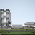 Modern Office Building Exterior Design With High Rise Glass Curtain Wall And Entrance Vehicles