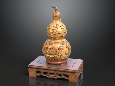 Golden Gourd Decorative Ornament Set with Carved Lotus and Cloud Motifs on Hollowed Wooden Base 3d model