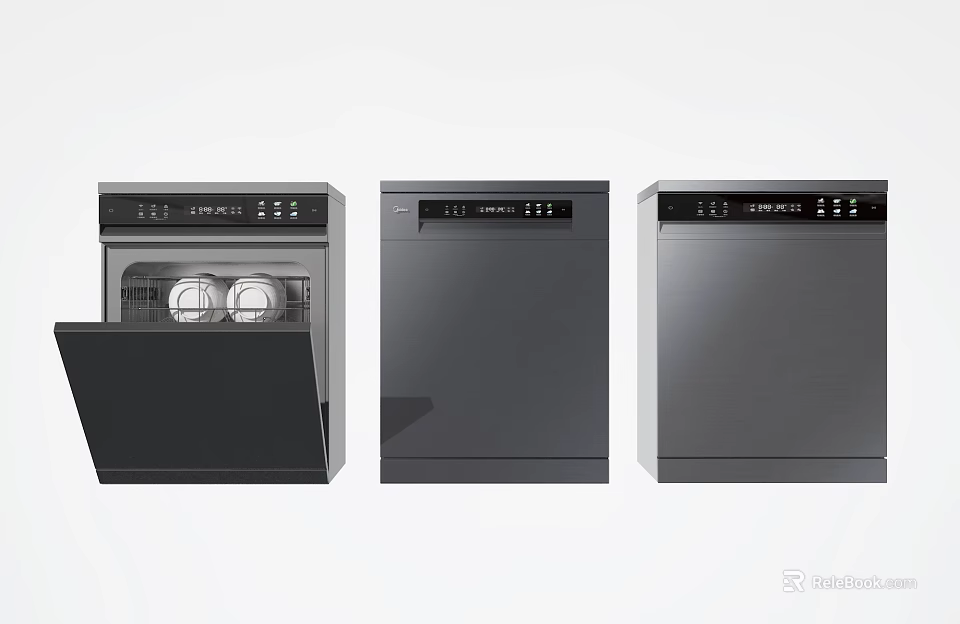 Modern Kitchen Appliances Featuring Three Black Dishwashers With Control Panels 3d model 