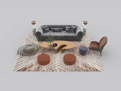 Modern Sofa and Coffee Table Set with Geometric Rug Pillows Ottomans and Accent Chair 3d model