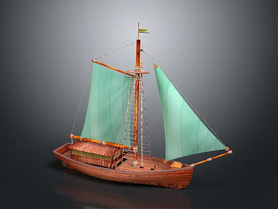 Traditional Wooden Sailing Boat With Green Sails Mast And Cabin As Water Transport 3d model