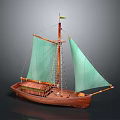 Traditional Wooden Sailing Boat With Green Sails Mast And Cabin As Water Transport