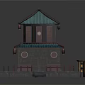 Cartoon Scene of Traditional Chinese Two Story Building With Green Roof Red Railings And Lanterns
