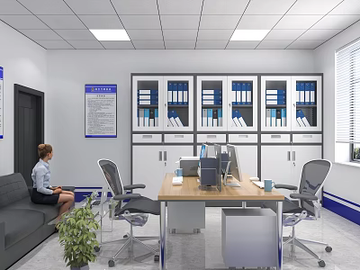 Modern Office Interior With Sofa Desk Computer Filing Cabinets And Plant 3d model