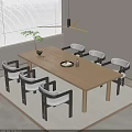 Modern Wooden Dining Table Set With Six Black And White Chairs Pendant Light And Plant