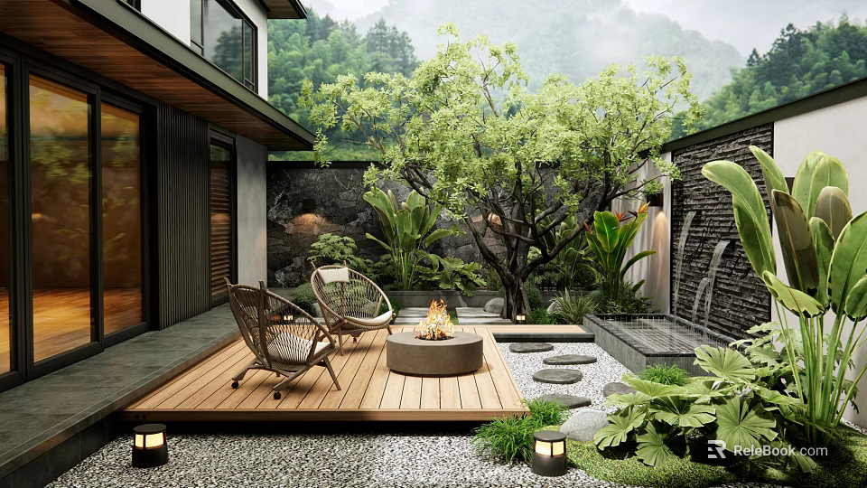 Modern Courtyard Garden With Wooden Deck Wicker Chairs Fire Pit Stone Path And Lush Plants 3d model 