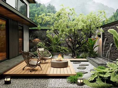 Modern Courtyard Garden With Wooden Deck Wicker Chairs Fire Pit Stone Path And Lush Plants 3d model