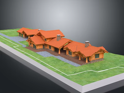 Log Building With Orange Roofs Connected Structure Green Grass And Gray Ground Area 3d model