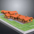 Log Building With Orange Roofs Connected Structure Green Grass And Gray Ground Area