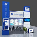 EVERPOWER TOOLS Exhibition Booth With Blue White Large Screen Display Cabinets Green Plants And Furniture