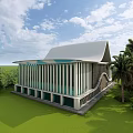 Modern Architectural Building With Unique Curved Roof And Glass Windows On Green Lawn