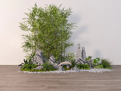 Bamboo Scene With Stones Small Bridge Pagoda Green Plants Wooden Floor White Wall 3d model