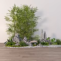 Bamboo Scene With Stones Small Bridge Pagoda Green Plants Wooden Floor White Wall