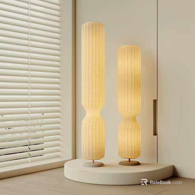 Modern Floor Lamps With Twisted Striped Beige Shades And Metal Bases Near Window Blinds 3d model 